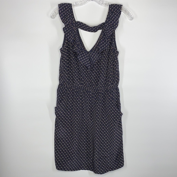 THML Navy Blue Tan Horse Print Vneck Ruffle Front Dress with Pockets Medium - Picture 1 of 10